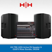 HH TRE-1201 Active PA Speaker & Q16FX Mixer Bundle with HH logo on a white background