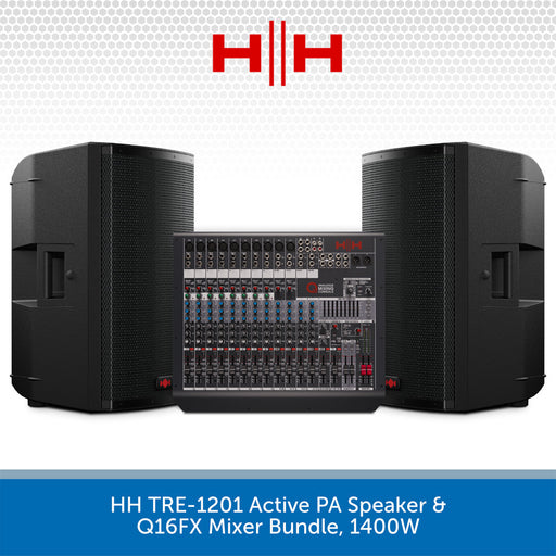 HH TRE-1201 Active PA Speaker & Q16FX Mixer Bundle with HH logo on a white background