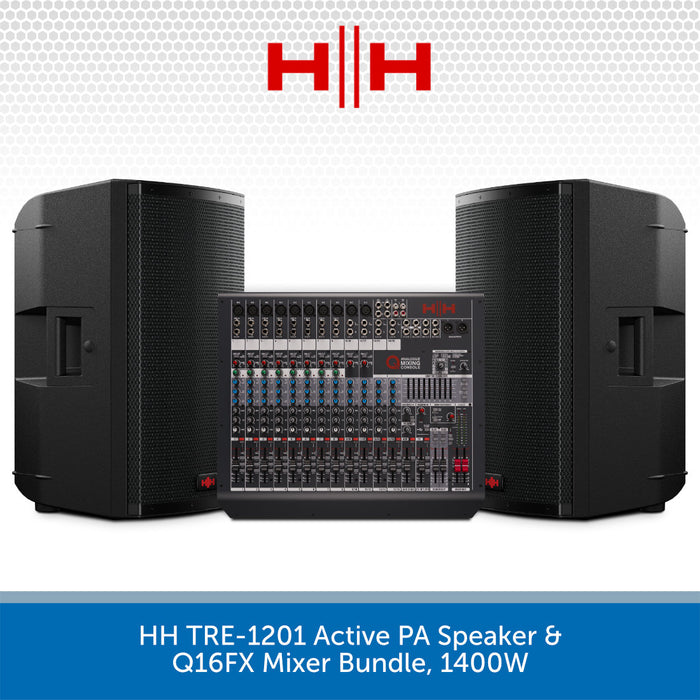HH TRE-1201 Active PA Speaker & Q16FX Mixer Bundle with HH logo on a white background