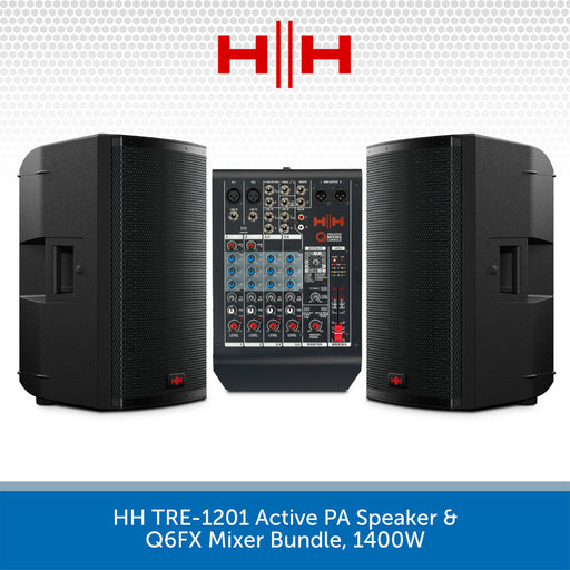 HH TRE-1201 Active PA Speaker & Q6FX Mixer Bundle with HH logo on a white background