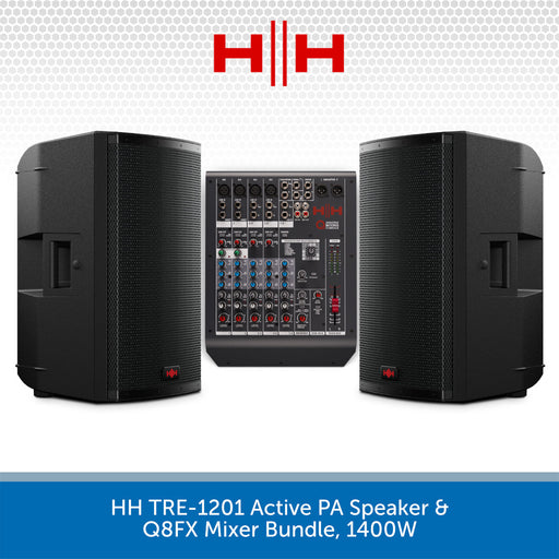 HH TRE-1201 Active PA Speaker & Q8FX Mixer Bundle with HH logo on a white background