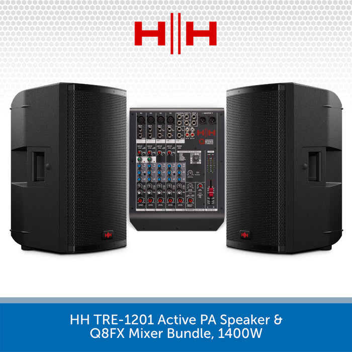 HH TRE-1201 Active PA Speaker & Q8FX Mixer Bundle with HH logo on a white background