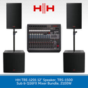 HH audio equipment bundle with speakers, mixer, and stands on a white background