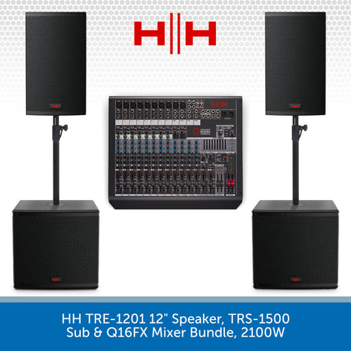 HH audio equipment bundle with speakers, mixer, and stands on a white background