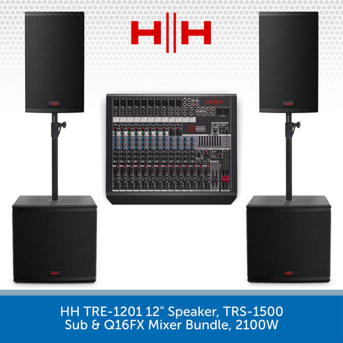 HH audio equipment bundle with speakers, mixer, and stands on a white background