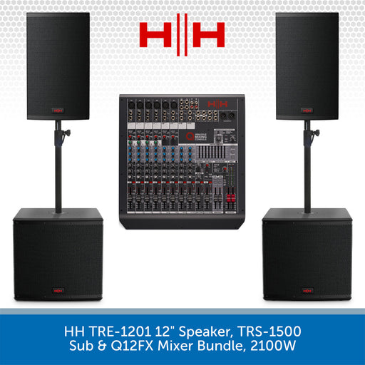 HH audio equipment bundle with speakers, mixer, and stands on a white background