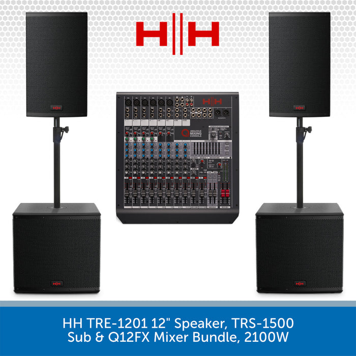 HH audio equipment bundle with speakers, mixer, and stands on a white background