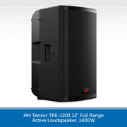 Black active loudspeaker with text on a white background