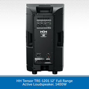 Back view of a HH Tensor TRE-1201 12-inch full range active loudspeaker on a light gray background.