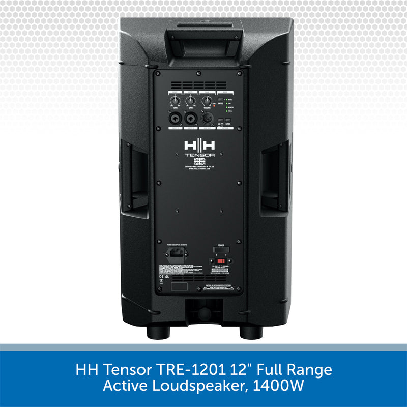 Back view of a HH Tensor TRE-1201 12-inch full range active loudspeaker on a light gray background.