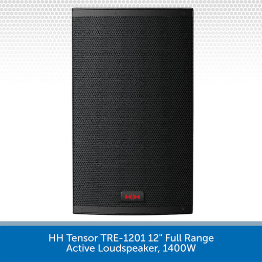 Black active loudspeaker with HH logo on a white background