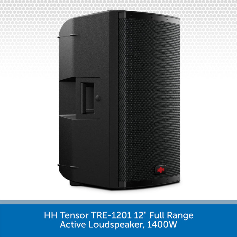 Black active loudspeaker with text on a white background