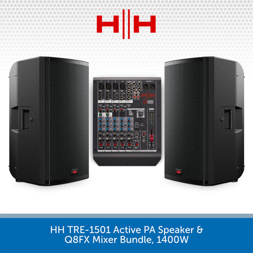 HH TRE-1501 Active PA Speaker & Q8FX Mixer Bundle with HH logo on a white background