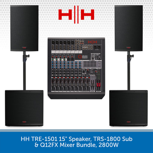 HH audio equipment bundle with speakers, subwoofer, and mixer on a white background