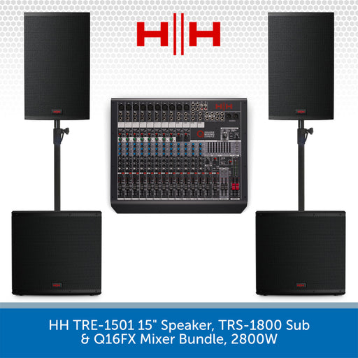HH audio equipment bundle with speakers, subwoofer, and mixer on a white background