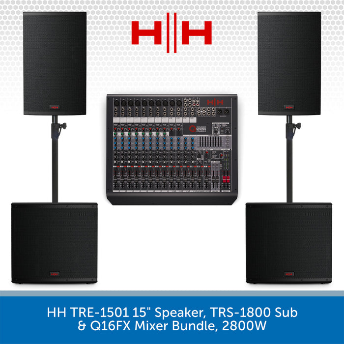 HH audio equipment bundle with speakers, subwoofer, and mixer on a white background