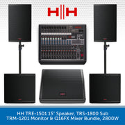 Sound system equipment including speakers, subwoofer, monitor, and mixer with HH logo on a white background.