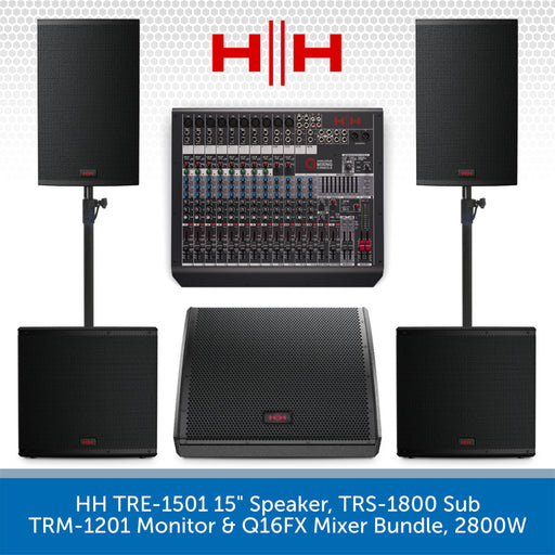 Sound system equipment including speakers, subwoofer, monitor, and mixer with HH logo on a white background.