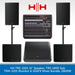 Sound system equipment including speakers, subwoofer, monitor, and mixer with HH logo on a white background.