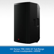 Black active loudspeaker with text indicating model and power rating on a white background