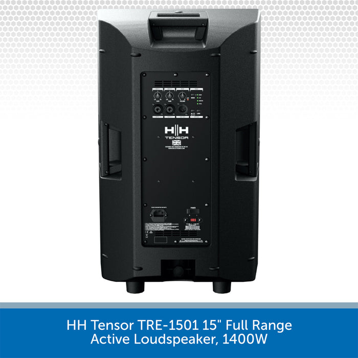 Back view of a HH Tensor TRE-1501 15-inch full range active loudspeaker on a light gray background.