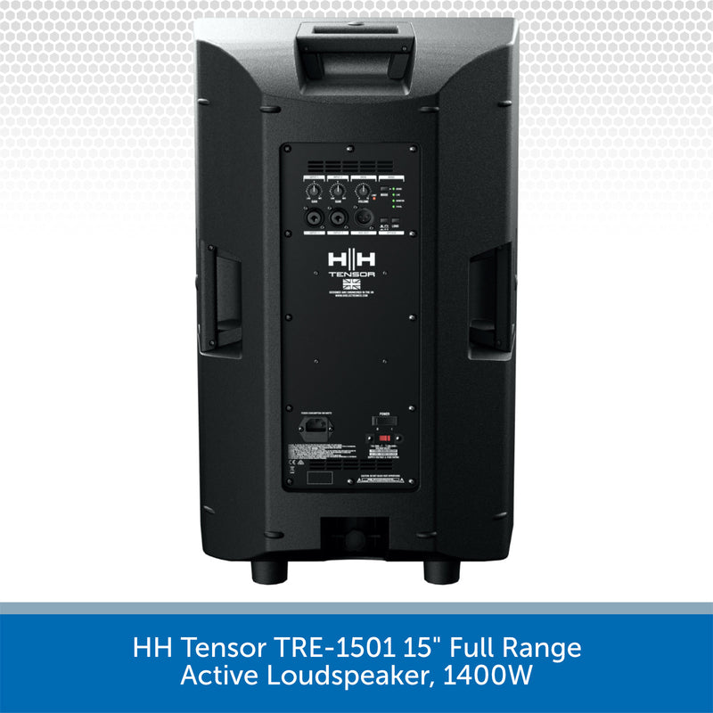 Back view of a HH Tensor TRE-1501 15-inch full range active loudspeaker on a light gray background.