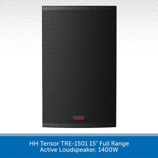 Black active loudspeaker with HH Tensor branding on a white background