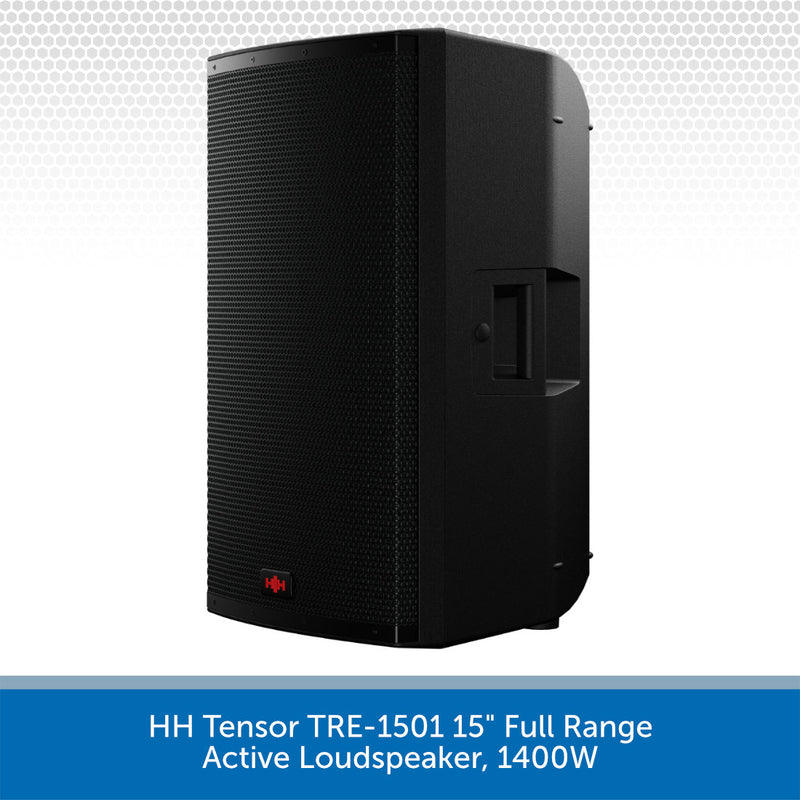 Black active loudspeaker with text indicating model and power rating on a white background