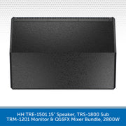 Black speaker on a white background with product details text at the bottom.