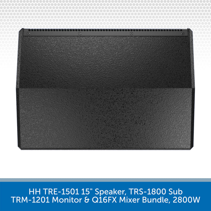 Black speaker on a white background with product details text at the bottom.