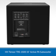 Black active PA subwoofer with control panel on a white background