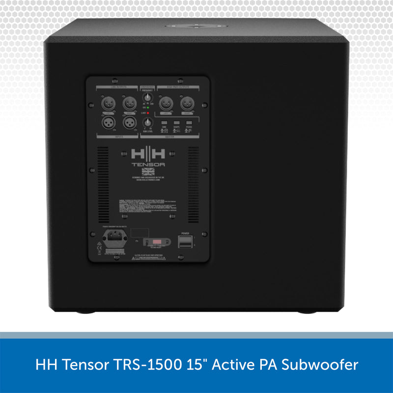 Black active PA subwoofer with control panel on a white background