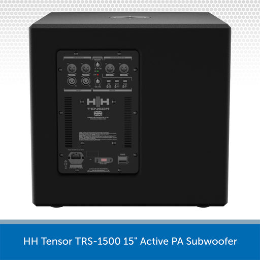 Black active PA subwoofer with control panel on a white background