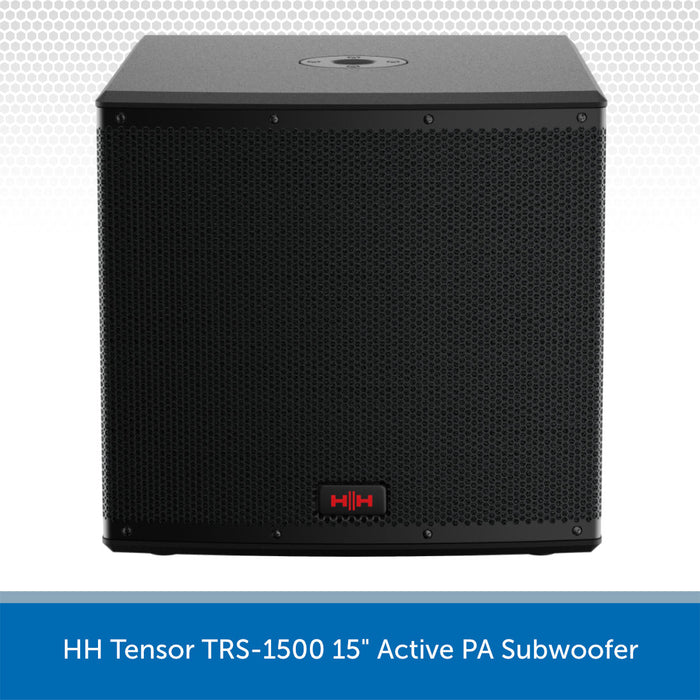 Black active PA subwoofer with HH logo on a light gray background