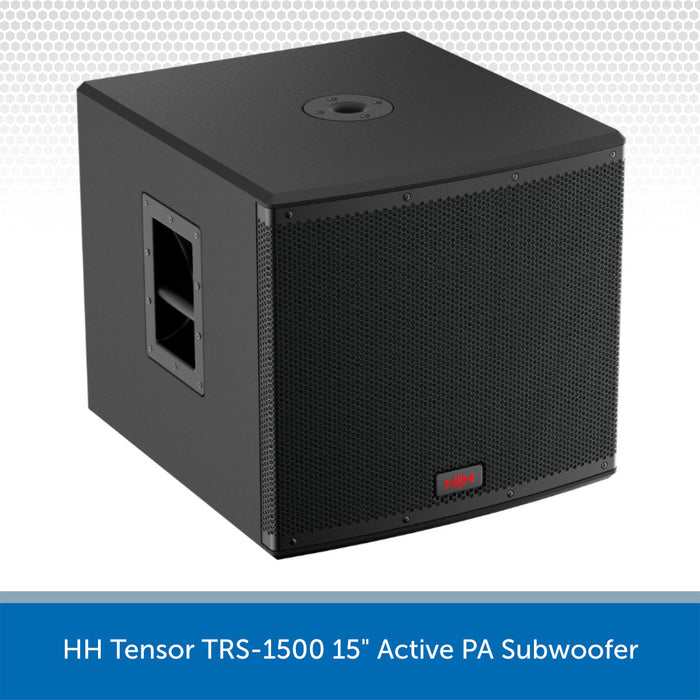Black active PA subwoofer with visible branding on a gray background