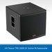 Black active PA subwoofer with visible branding on a gray background