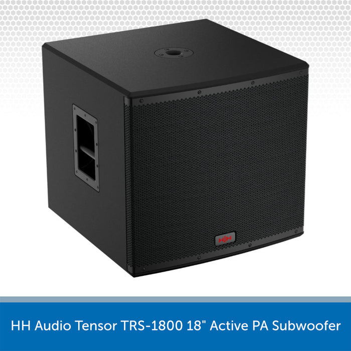 Black active PA subwoofer with branding on a light gray background