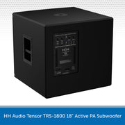 Black active PA subwoofer with visible branding on a white background