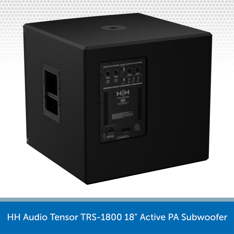 Black active PA subwoofer with visible branding on a white background