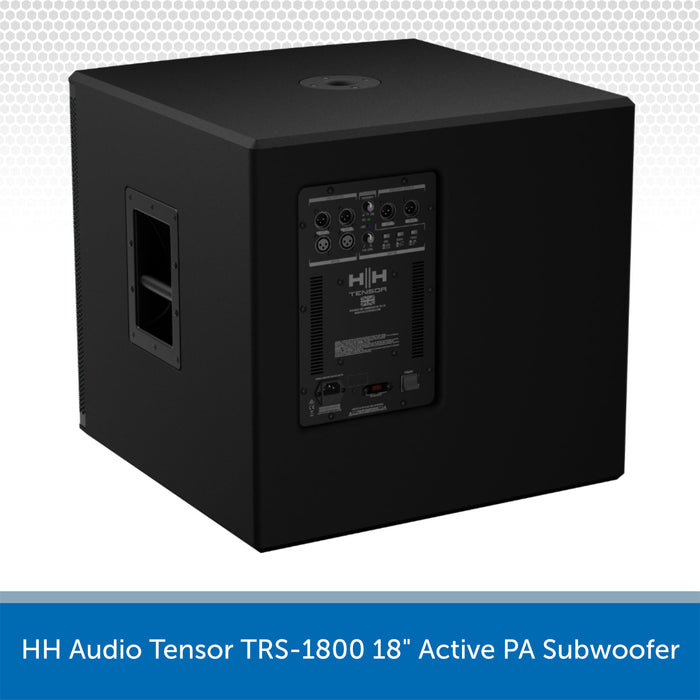 Black active PA subwoofer with visible branding on a white background