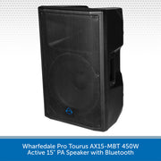 Black Wharfedale Pro Tourus AX15-MBT 450W active 15" PA speaker with Bluetooth on a white background.