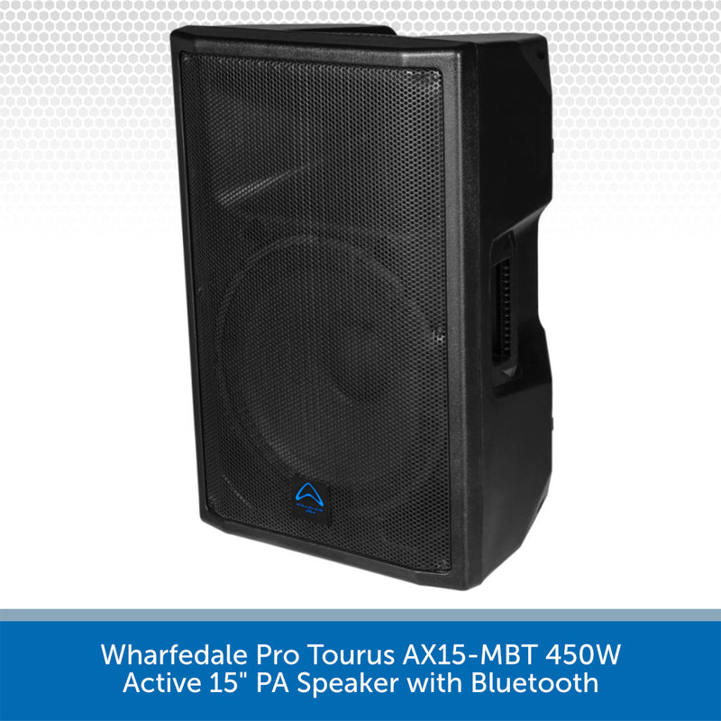 Black Wharfedale Pro Tourus AX15-MBT 450W active 15" PA speaker with Bluetooth on a white background.