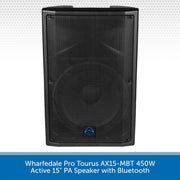 Black Wharfedale Pro Tourus AX15-MBT 450W active PA speaker with Bluetooth on a white background.