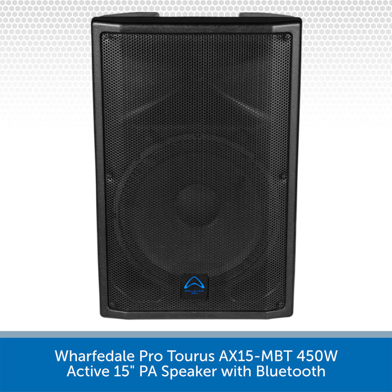 Black Wharfedale Pro Tourus AX15-MBT 450W active PA speaker with Bluetooth on a white background.