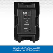 Black active PA speaker with brand logo on a light gray background