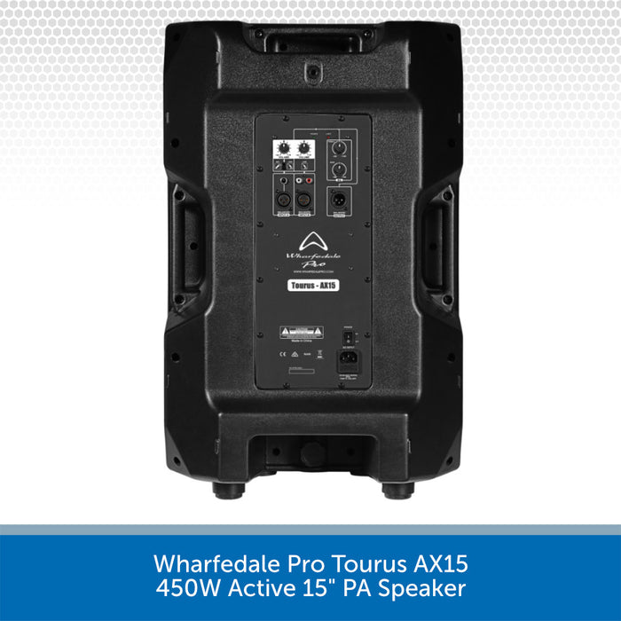 Black active PA speaker with brand logo on a light gray background