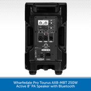 Black active 8-inch PA speaker with Bluetooth on a white background, featuring Wharfedale Pro branding.