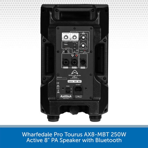 Black active 8-inch PA speaker with Bluetooth on a white background, featuring Wharfedale Pro branding.