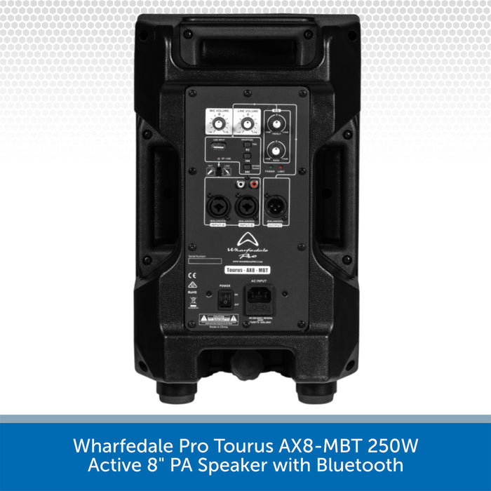 Black active 8-inch PA speaker with Bluetooth on a white background, featuring Wharfedale Pro branding.