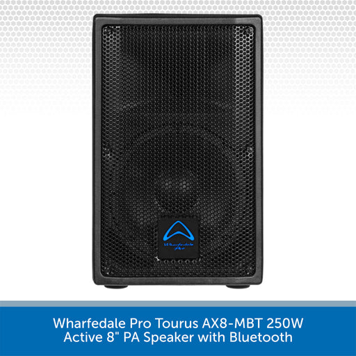 Black active PA speaker with Wharfedale Pro logo on a white background